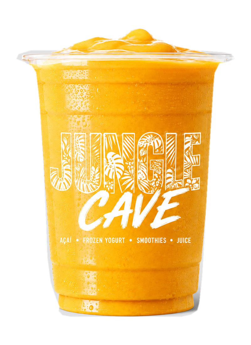 Jungle Cave Mango Smoothie in a branded clear cup